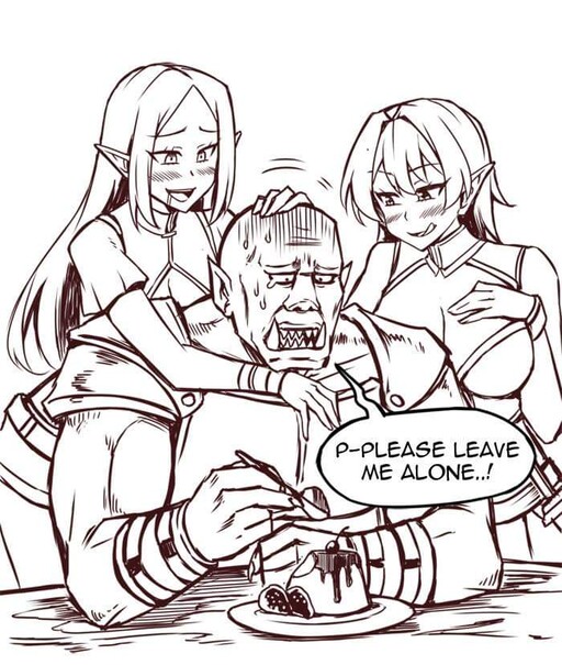 Drunk Elves Harassing an Orc in a Tavern