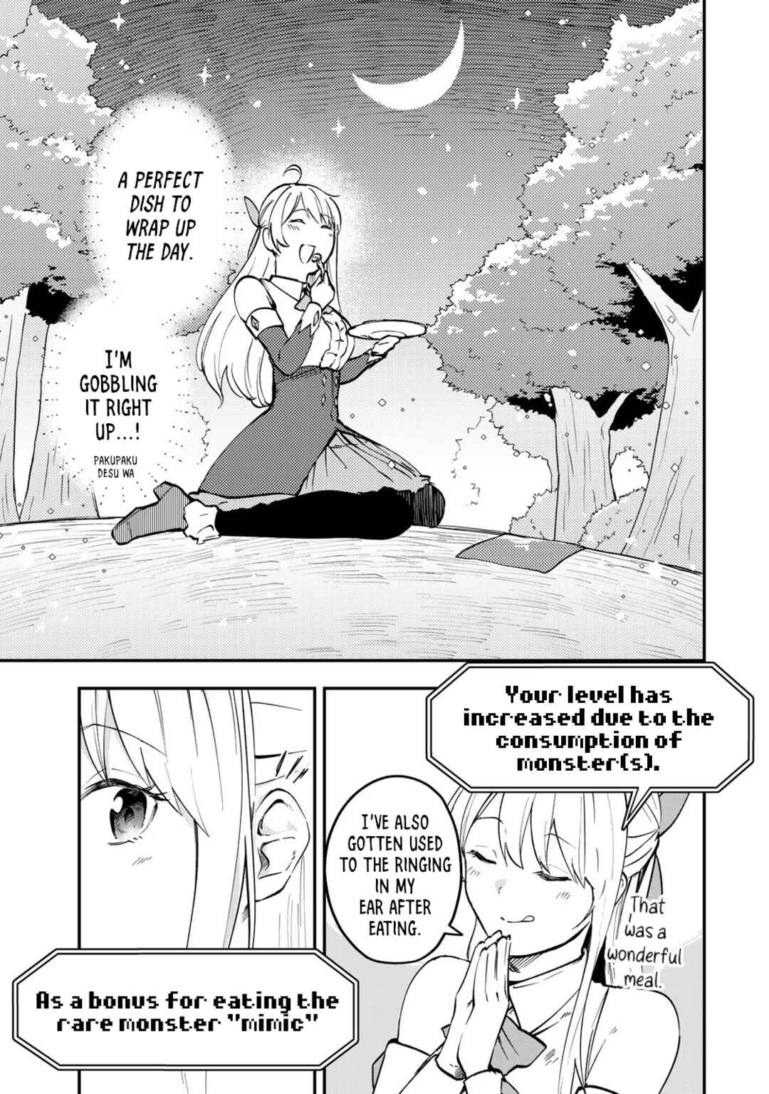 [Pakupaku desu wa] Tsuihou Sareta Ojou-sama no "Monster wo Taberu Hodo Tsuyoku Naru" Skill wa, 1-shoku de 1 Level Up Suru Zendai Mimon no Saikyou Skill deshita. 3-nichi de Jinrui Saikyou ni Narimashita wa! Chapter 2 - Page 11