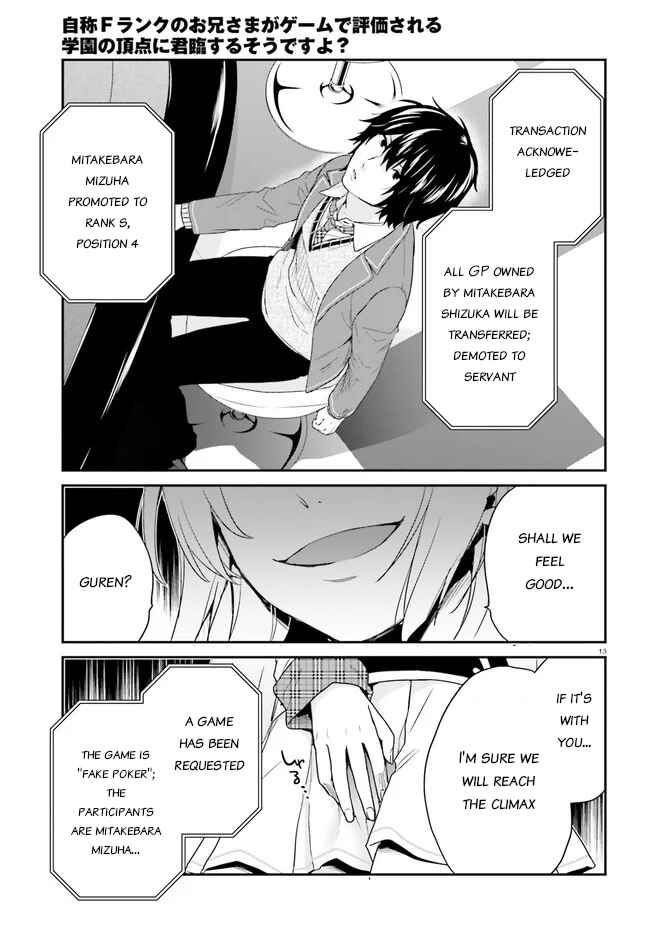 Jishou F-Rank no Oniisama ga Game de Hyouka sareru Gakuen no Chouten ni Kunrin suru Sou desu yo? Chapter 24 - Page 13