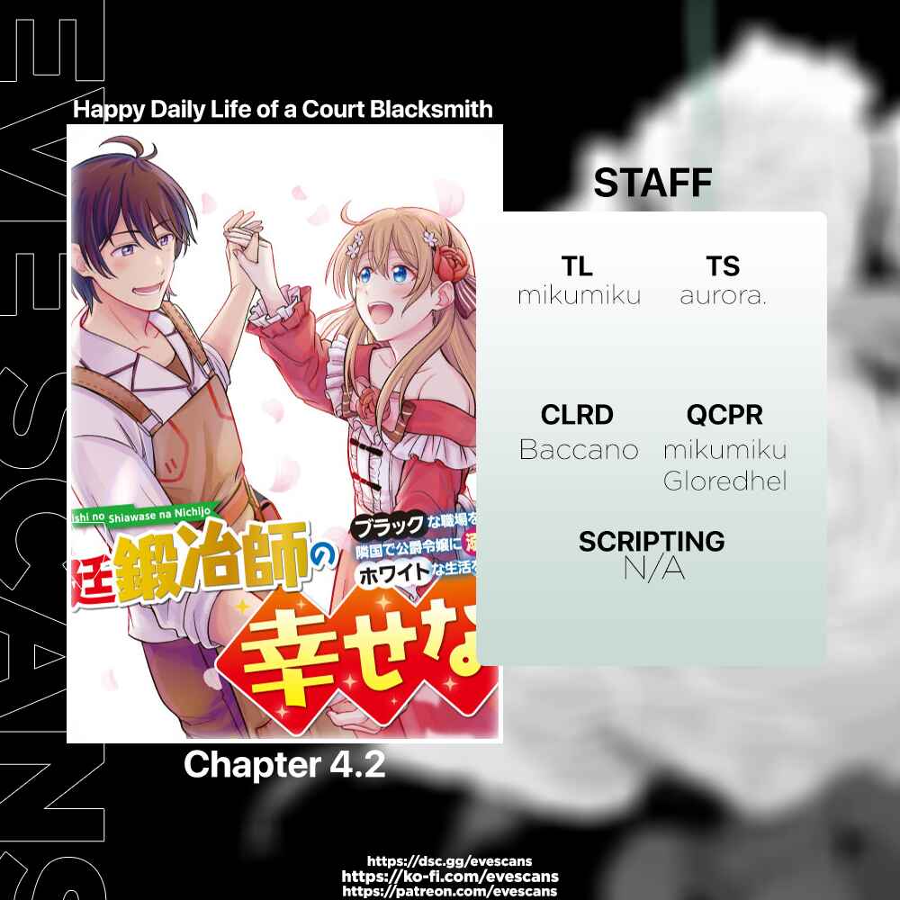 Kyuutei Kajishi no Shiawase na Nichijou ~Black na Shokuba wo Tsuihou Saretaga, Ringoku de Koushaku Reijou ni Dekiaisarenagara White na Seikatsu Okurimasu~ Chapter 4.2 - Page 1