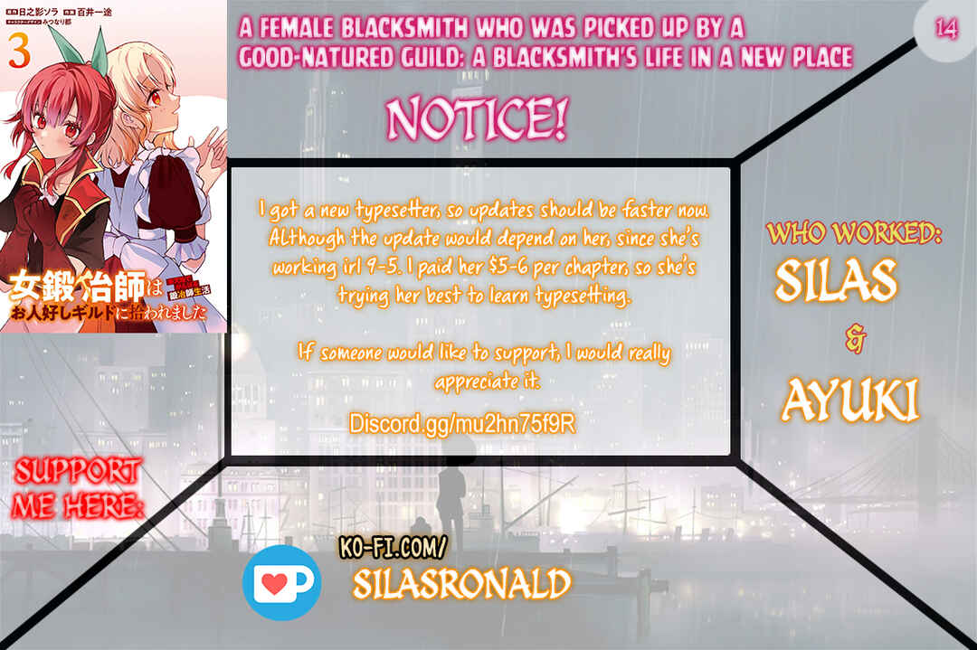Onna Kajishi wa Ohitoyoshi Guild ni Hirowaremashita ~Shintenchi de Ganbaru Kajishi Seikatsu~ Chapter 14 - Page 1